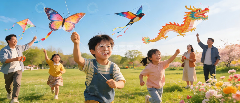 高清大图下载【趣麦麦图】春日公园放风筝欢乐场景