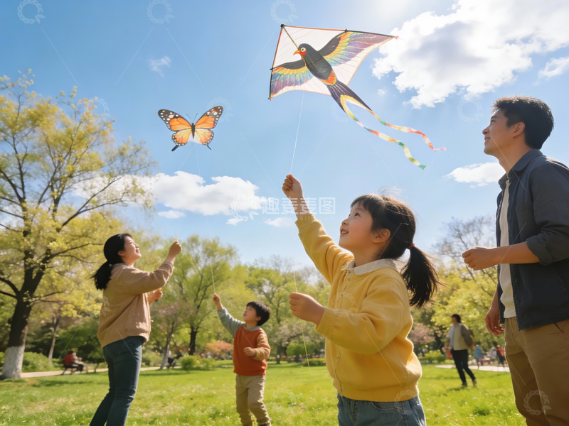 高清大图下载【趣麦麦图】家庭户外放风筝欢乐场景