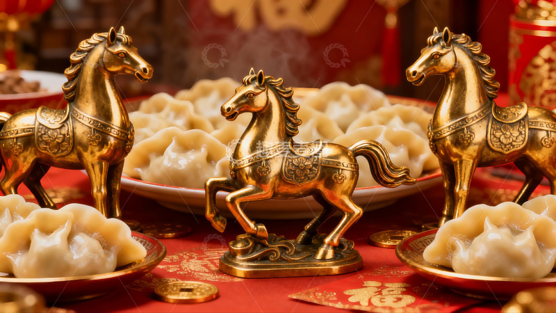 高清大图下载【趣麦麦图】金马摆件与饺子年味场景