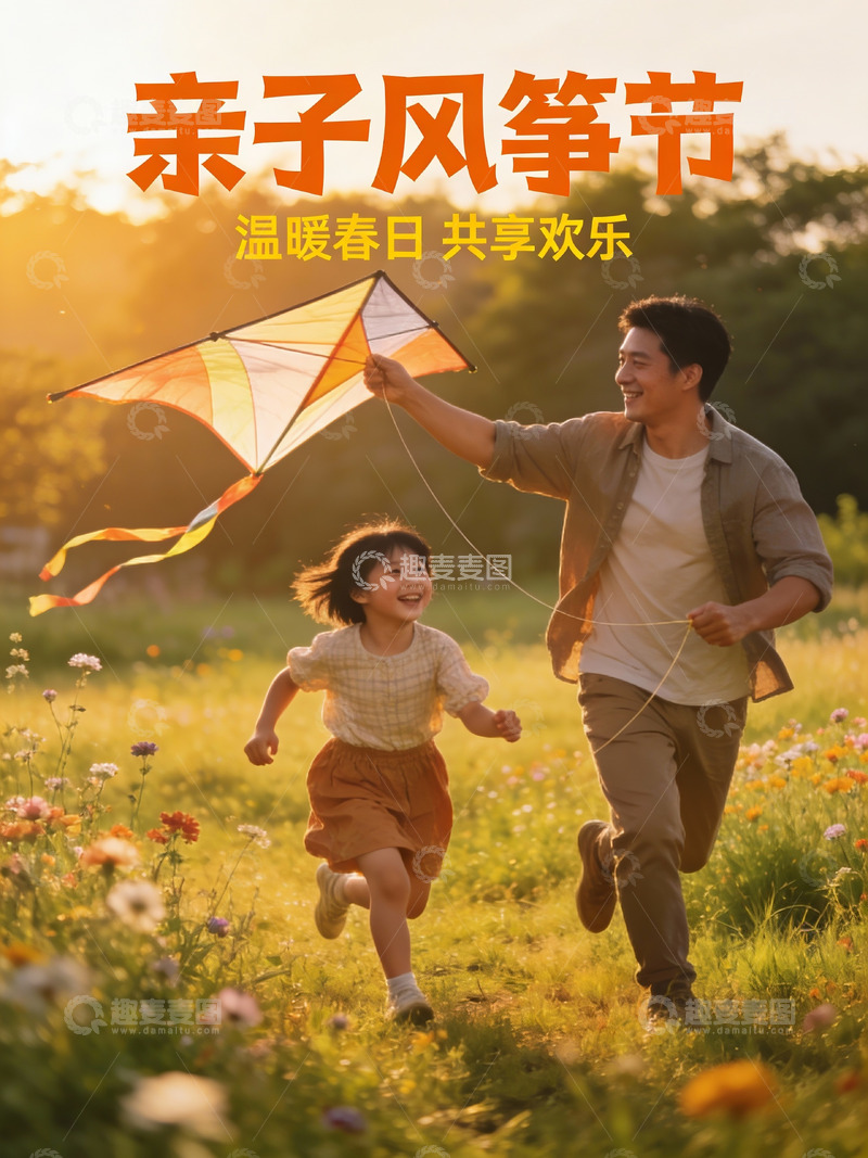 高清大图下载【趣麦麦图】父女户外放风筝欢乐场景