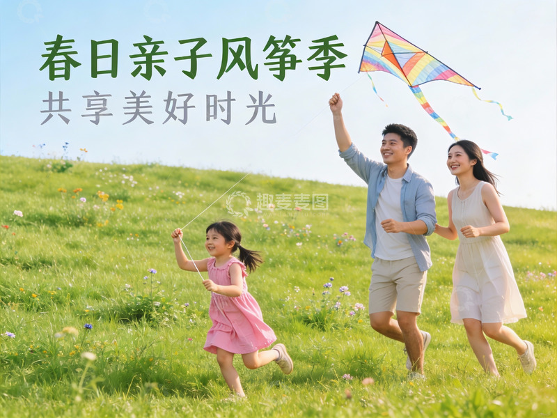 高清大图下载【趣麦麦图】春日郊外放风筝亲子乐