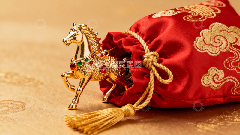 高清大图下载【趣麦麦图】金色马饰与红色锦袋摆件