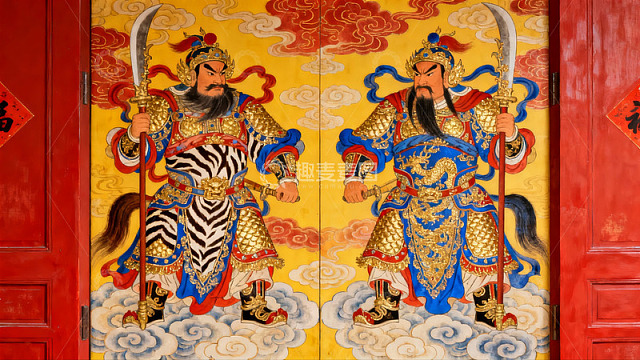 传统门神画像守护红色大门