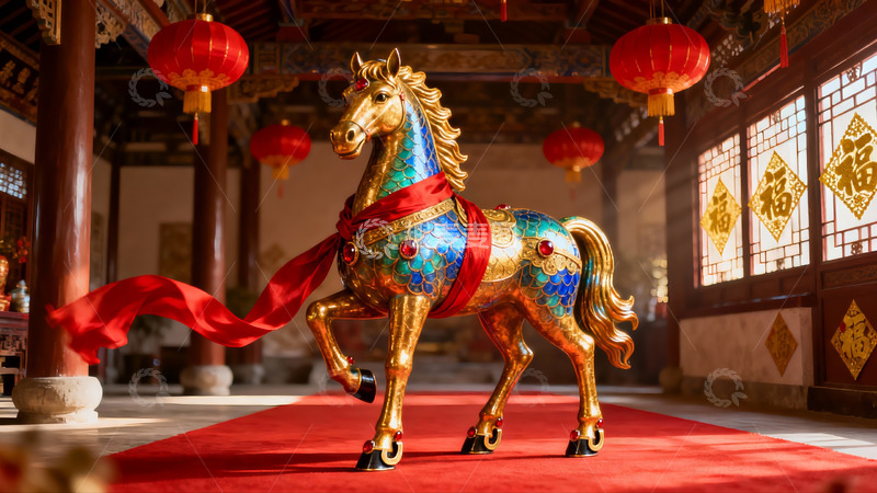 高清大图下载【趣麦麦图】华丽彩绘马雕像室内展示