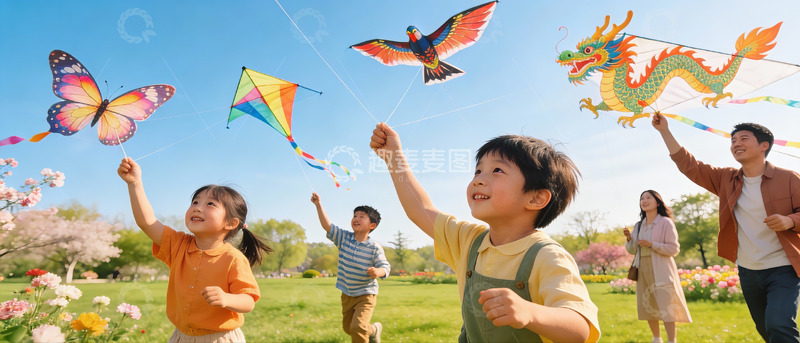 高清大图下载【趣麦麦图】春日公园放风筝亲子欢乐