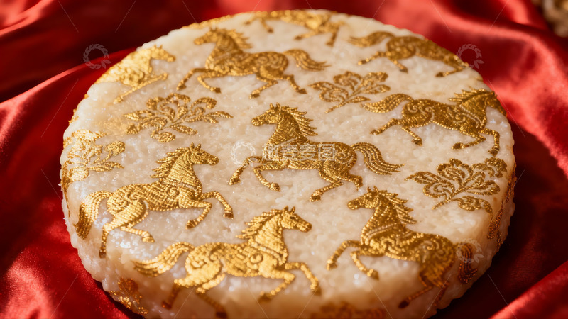 高清大图下载【趣麦麦图】金色骏马图案的圆形糕点