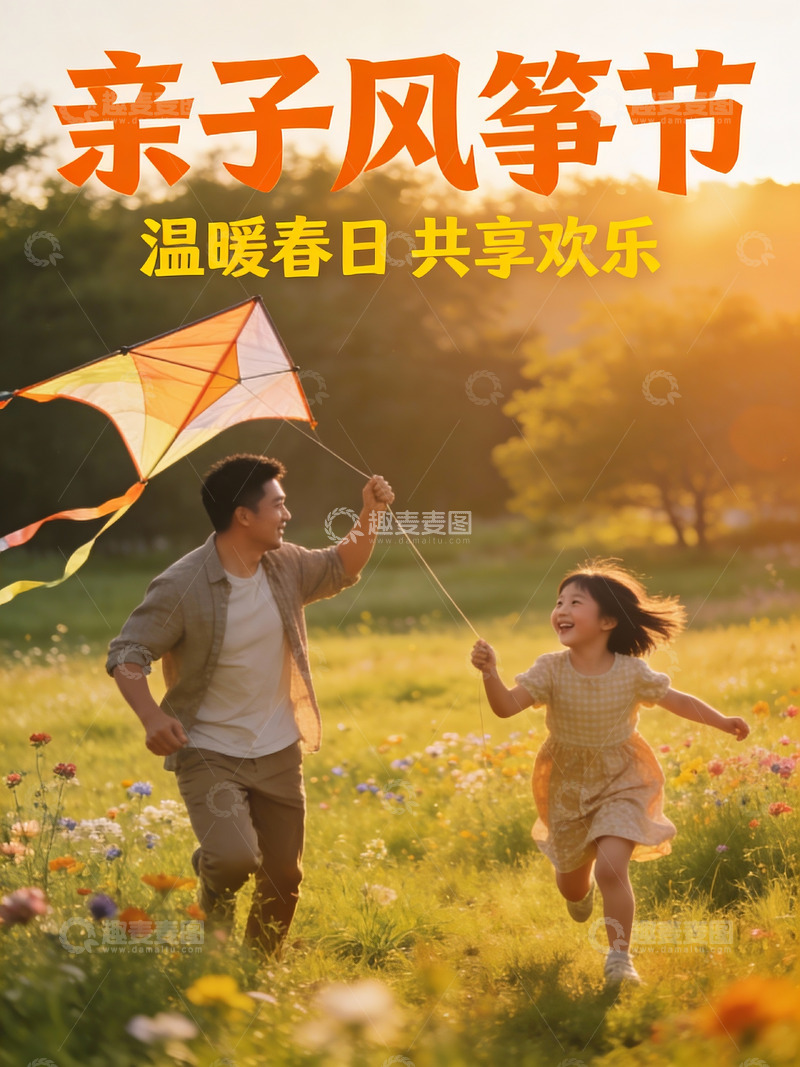 高清大图下载【趣麦麦图】父女草地上放风筝欢乐场景