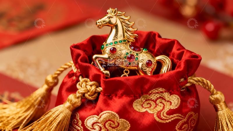 高清大图下载【趣麦麦图】金色马饰红袋寓意吉祥