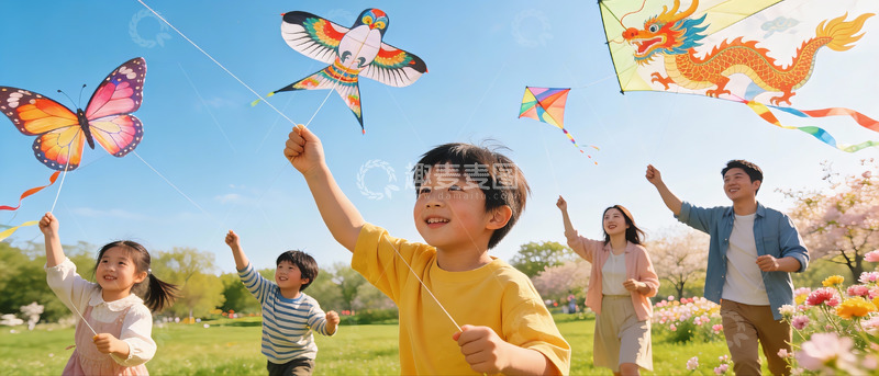 高清大图下载【趣麦麦图】春日公园放风筝欢乐场景