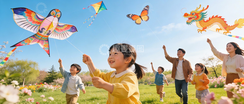 高清大图下载【趣麦麦图】春日公园放风筝全家乐