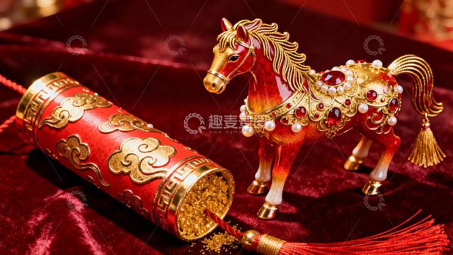 华丽马形摆件与红色礼盒