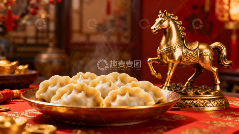 高清大图下载【趣麦麦图】热气腾腾饺子配金色马雕