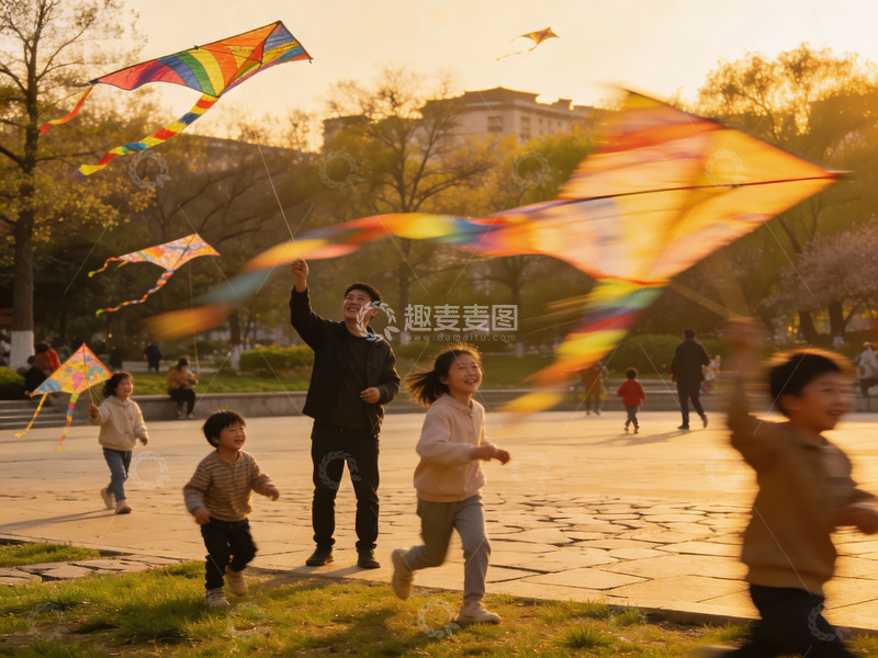 高清大图下载【趣麦麦图】夕阳下公园放风筝的欢乐场景