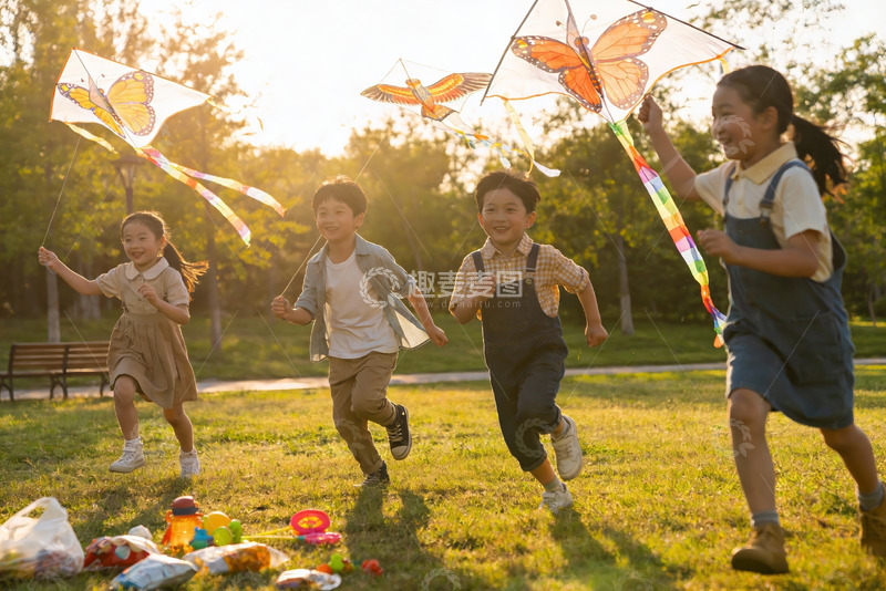 高清大图下载【趣麦麦图】孩子们户外放风筝欢乐奔跑