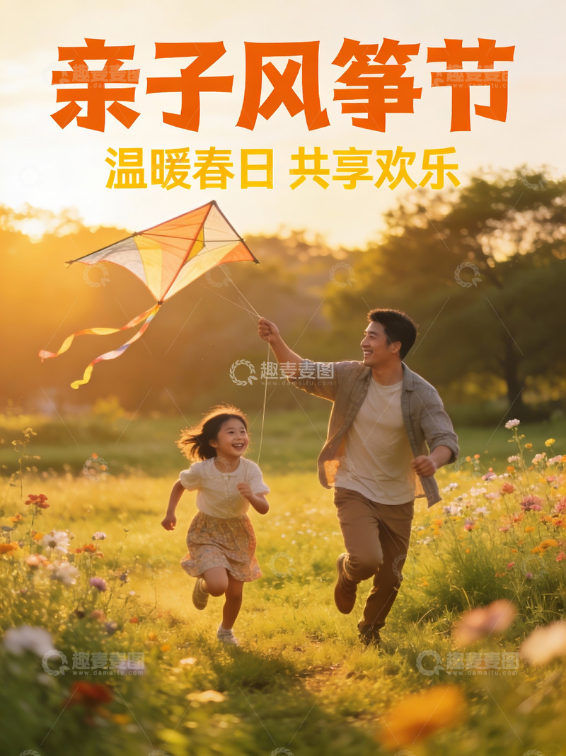 高清大图下载【趣麦麦图】父女放风筝春日欢乐场景