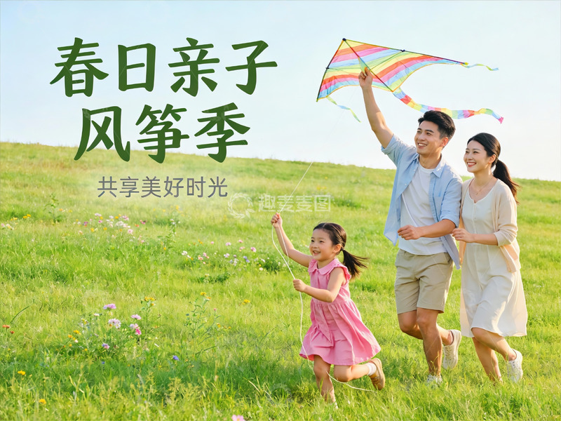 高清大图下载【趣麦麦图】春日郊外放风筝亲子乐