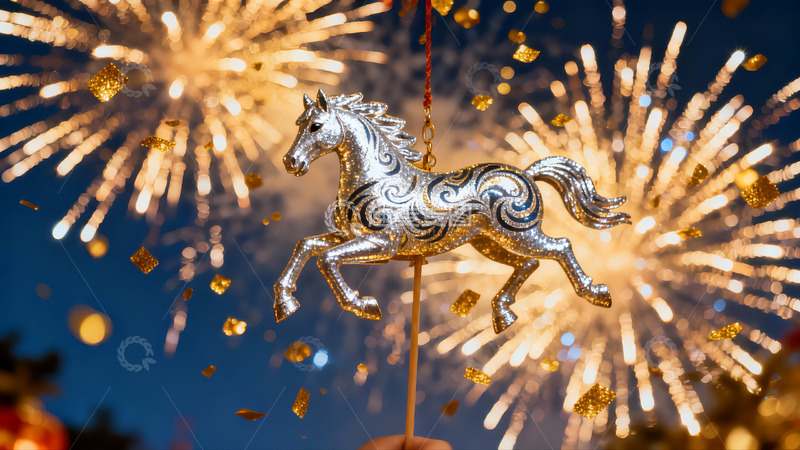 高清大图下载【趣麦麦图】烟花背景下的银色马形挂饰