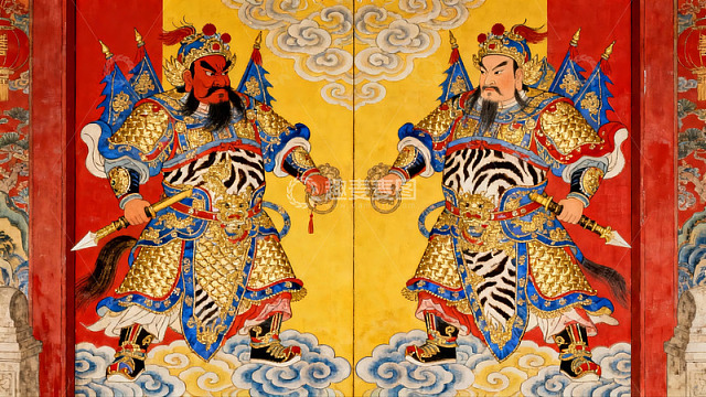 传统门神画像对称呈现