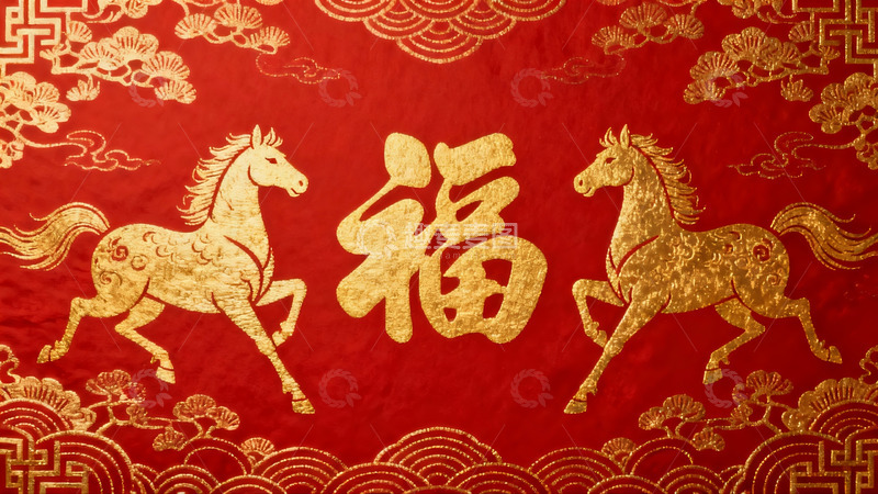 高清大图下载【趣麦麦图】红色背景金色马与福字图案