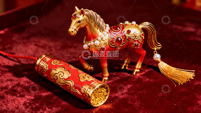 金色马饰与红色挂件精美摆拍
