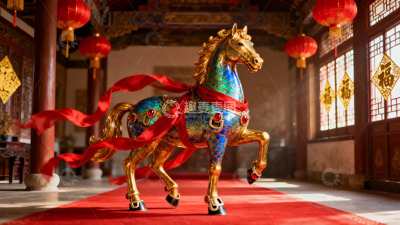 高清大图下载【趣麦麦图】金色骏马装饰传统室内场景