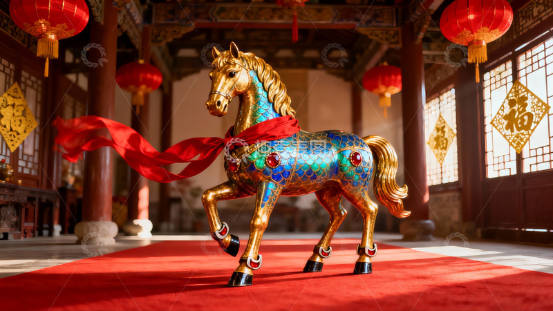 高清大图下载【趣麦麦图】金色马雕迎春装饰