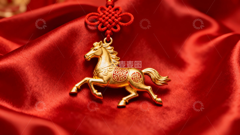 高清大图下载【趣麦麦图】金色马形挂饰置于红色绸缎之上