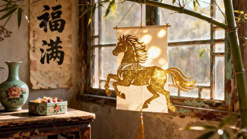 高清大图下载【趣麦麦图】窗前悬挂金色马形剪纸装饰