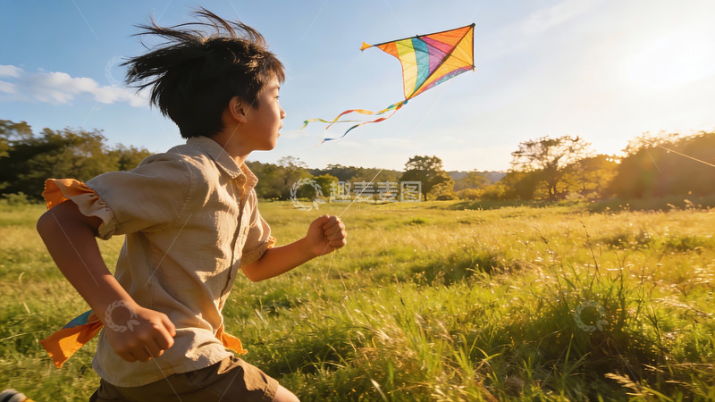 高清大图下载【趣麦麦图】小男孩草地上放风筝