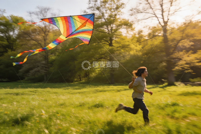 高清大图下载【趣麦麦图】男子草地上放风筝