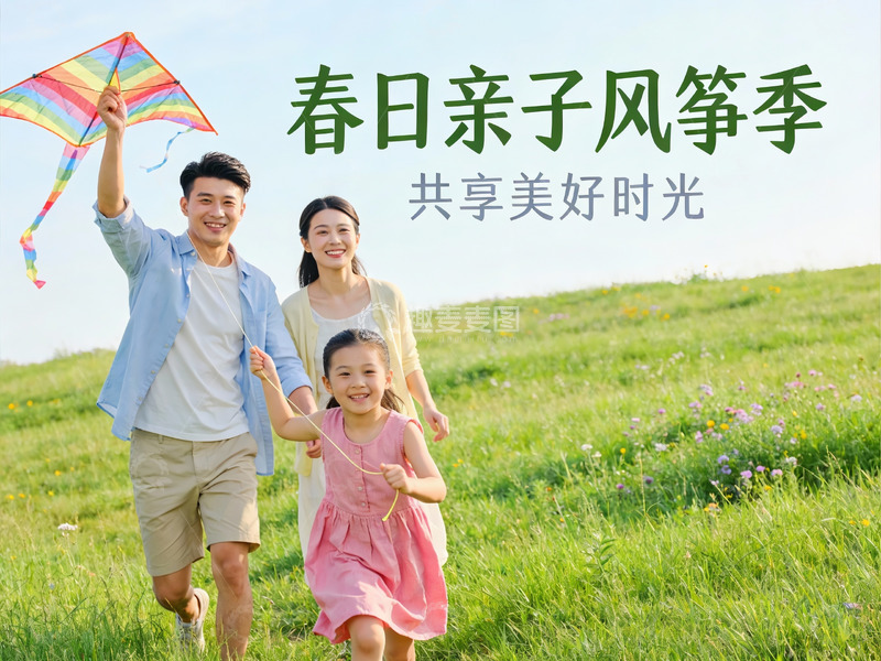 高清大图下载【趣麦麦图】春日郊外放风筝亲子乐