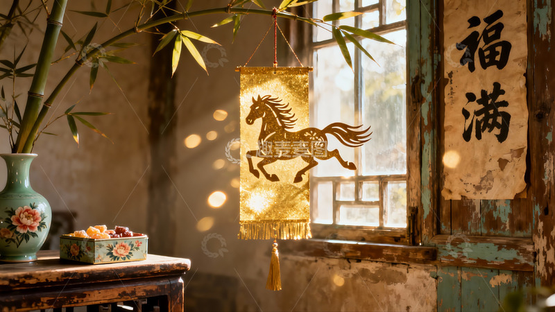 高清大图下载【趣麦麦图】古窗前竹马挂饰与福字