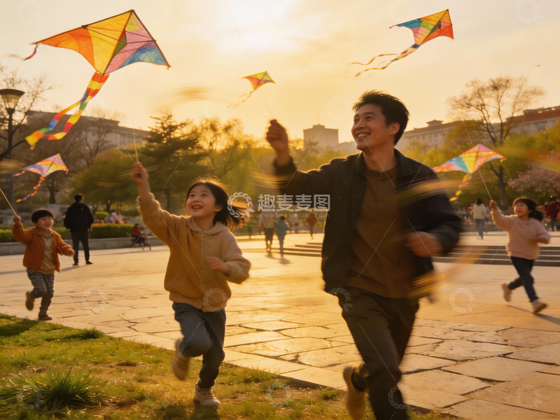 高清大图下载【趣麦麦图】公园放风筝欢乐场景