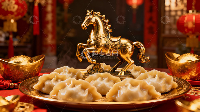 春节饺子与金色马摆件
