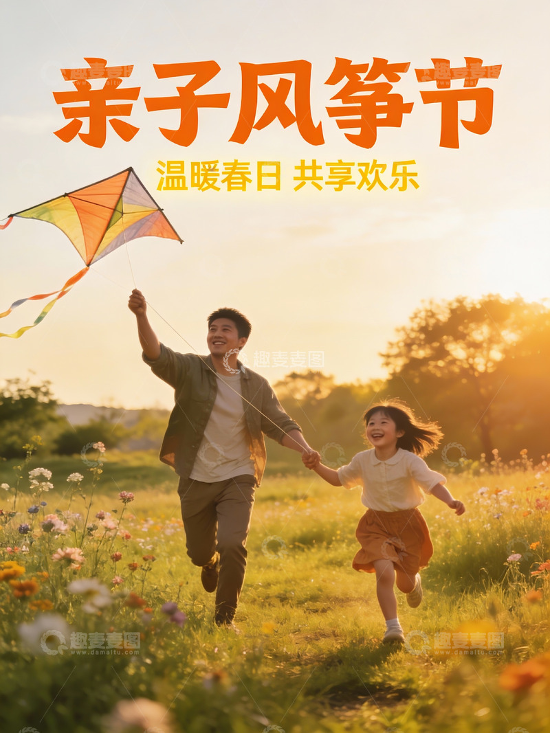 高清大图下载【趣麦麦图】父女放风筝春日欢乐场景