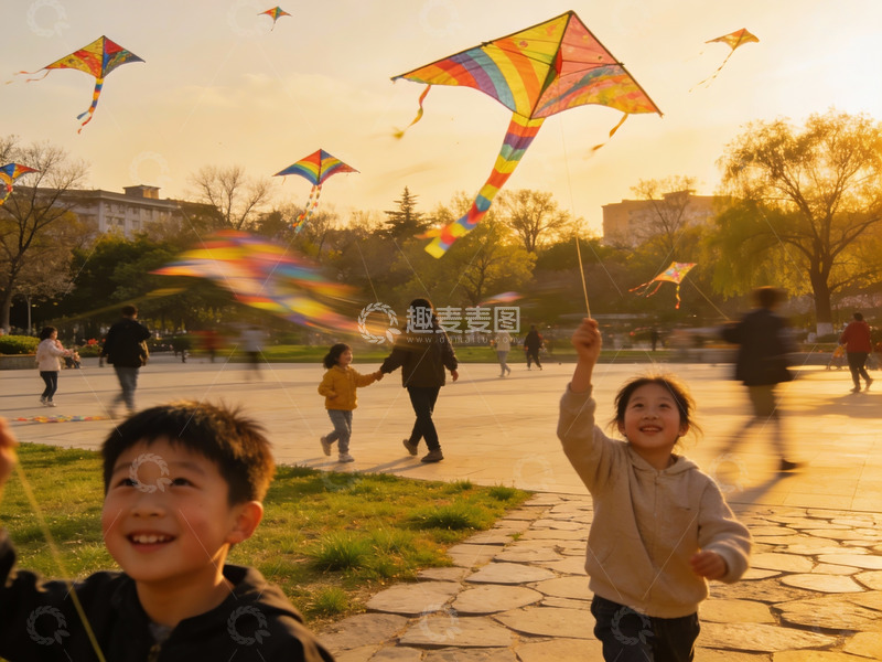 高清大图下载【趣麦麦图】夕阳下儿童放风筝欢乐场景