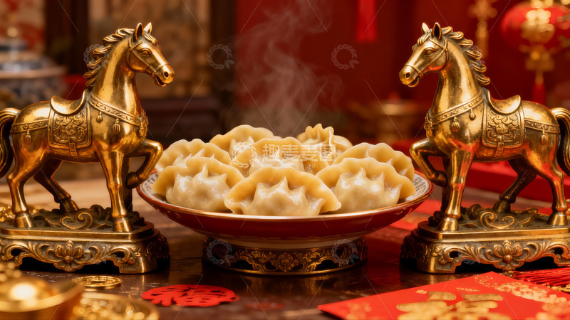 高清大图下载【趣麦麦图】金马摆件旁的热腾腾饺子