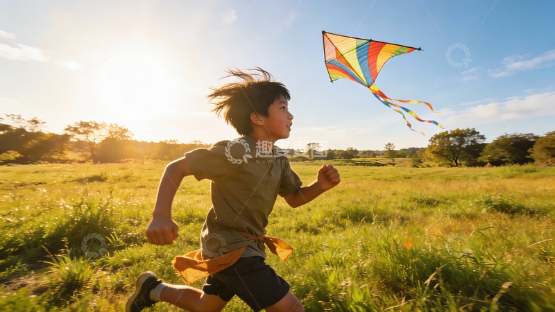 高清大图下载【趣麦麦图】小男孩草地上放风筝