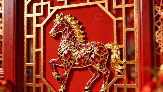 红色背景金色马饰图案