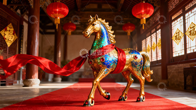 古建筑内金色马雕与红灯笼