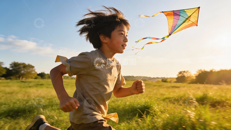 高清大图下载【趣麦麦图】小男孩草地上放风筝
