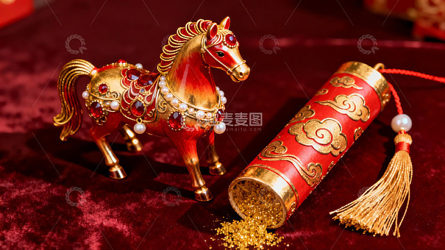 红色绒布上的金色马饰与宝盒