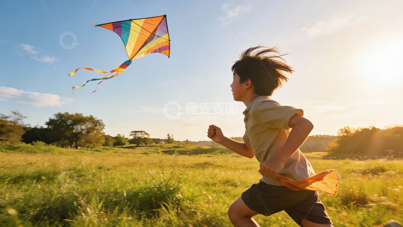 高清大图下载【趣麦麦图】男孩田野放风筝