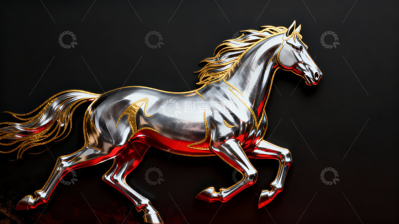 高清大图下载【趣麦麦图】银金骏马雕塑奔腾姿态
