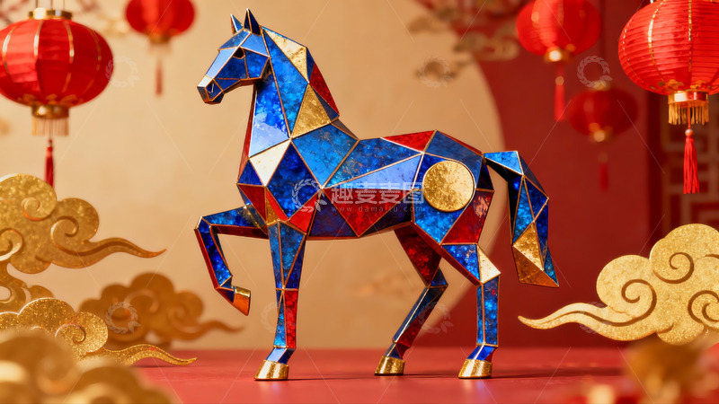高清大图下载【趣麦麦图】彩色几何马雕塑与红灯笼装饰
