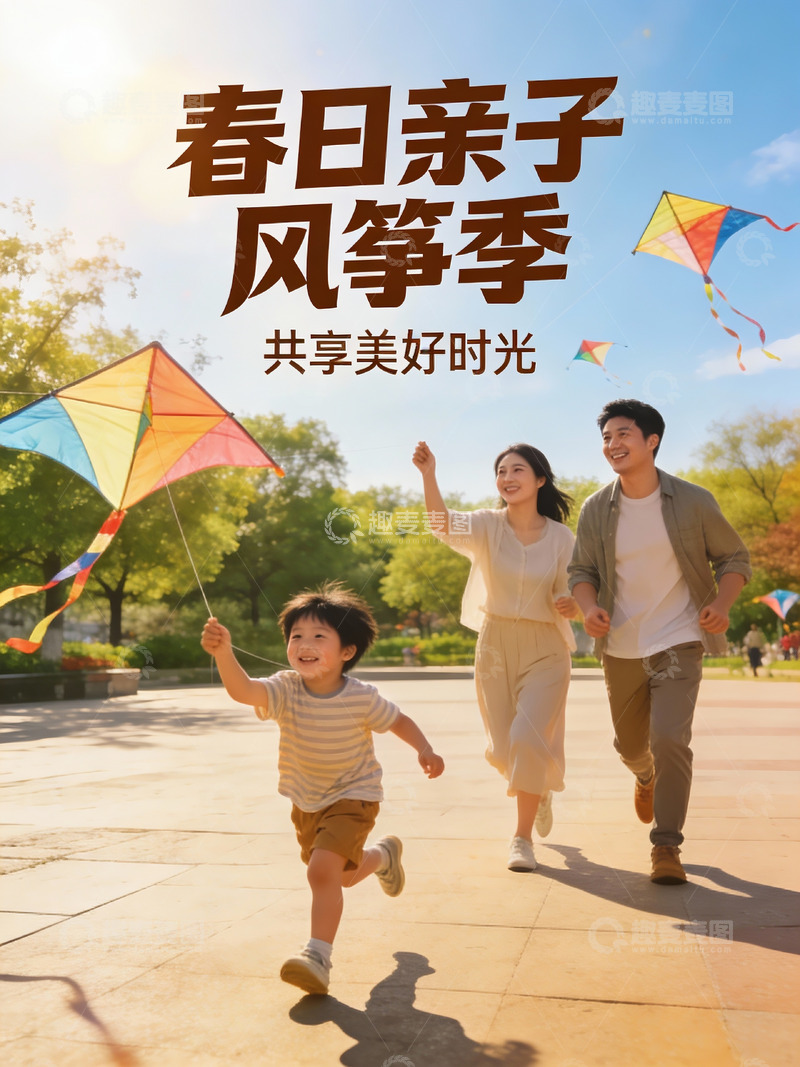 高清大图下载【趣麦麦图】春日公园亲子放风筝