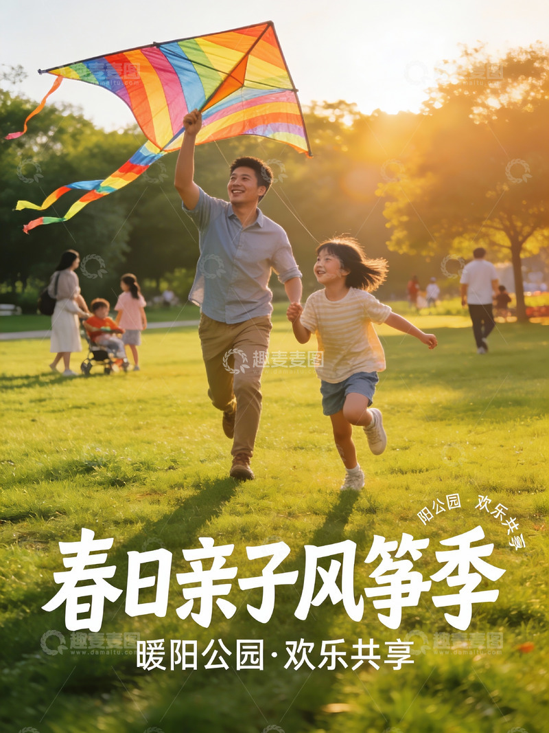 高清大图下载【趣麦麦图】春日公园亲子放风筝