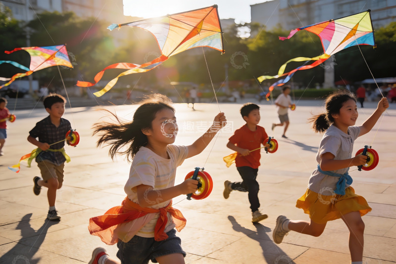 高清大图下载【趣麦麦图】孩子们户外放风筝欢乐奔跑
