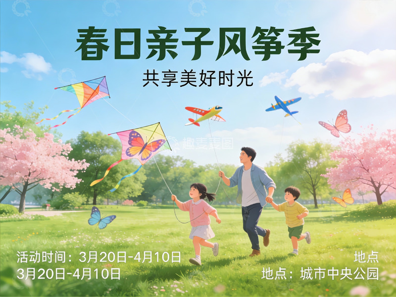 高清大图下载【趣麦麦图】春日公园亲子放风筝