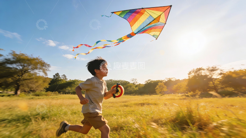 高清大图下载【趣麦麦图】小男孩草地上放风筝